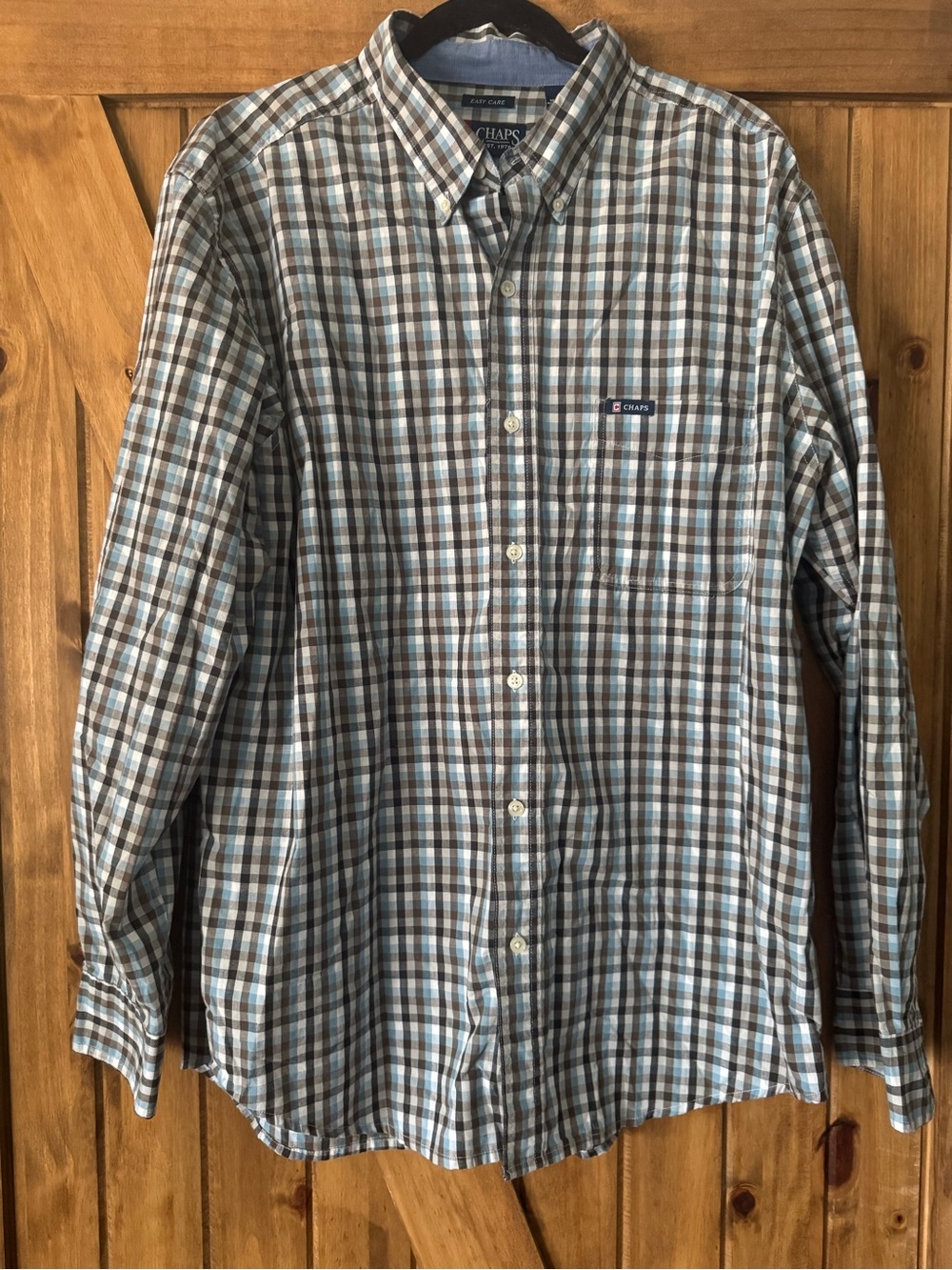 Chaps Men's Blue and Brown Plaid Button-Down Shirt with White Accents
